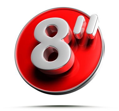 Beyaz arka planda 8 inçlik 3 boyutlu etiketin çalışma yolu vardır. Reklam tabelaları. Ürün tasarımı. Ürün satışları.