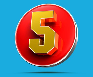 Mavi arkaplandaki 5 numaralı sarı poligonal 3D çizimin çalışma yolu vardır. Reklam tabelaları. Ürün tasarımı. Ürün satışları.