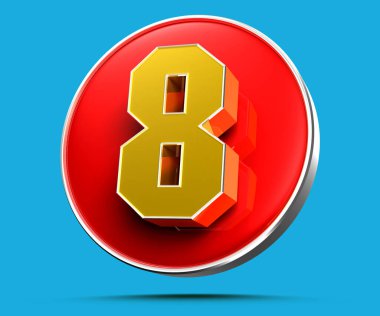 Mavi arkaplandaki 8 numaralı sarı poligonal 3D çizimin çalışma yolu var. Reklam tabelaları. Ürün tasarımı. Ürün satışları.