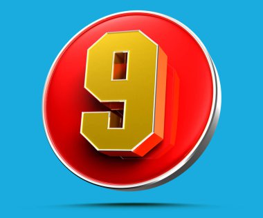 Mavi arkaplandaki 9 numaralı sarı poligonal 3D çizimin çalışma yolu var. Reklam tabelaları. Ürün tasarımı. Ürün satışları.