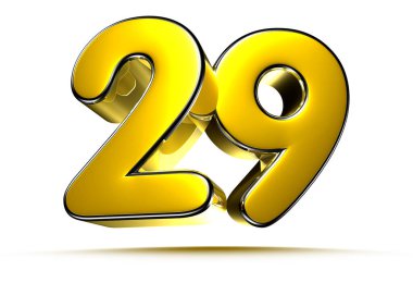 Beyaz arkaplandaki 29 altın 3D illüstrasyonun çalışma yolu var. Reklam tabelaları. Ürün tasarımı. Ürün satışları. Ürün kodu.