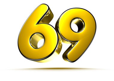 Beyaz arkaplandaki 69 altın 3D çizimin çalışma yolu var. Reklam tabelaları. Ürün tasarımı. Ürün satışları. Ürün kodu.