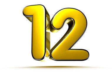 Beyaz arkaplandaki 12 altın 3D çizimin çalışma yolu var. Reklam tabelaları. Ürün tasarımı. Ürün satışları. Ürün kodu.