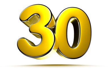 Beyaz arkaplandaki 30 altın 3D çizimin çalışma yolu var. Reklam tabelaları. Ürün tasarımı. Ürün satışları. Ürün kodu.