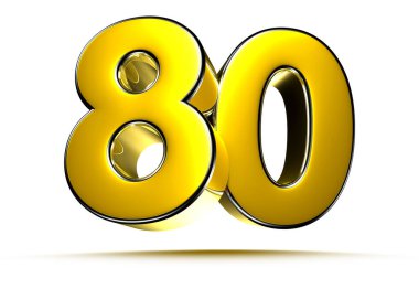 Beyaz arkaplandaki 80 altın 3D çizimin çalışma yolu var. Reklam tabelaları. Ürün tasarımı. Ürün satışları. Ürün kodu.