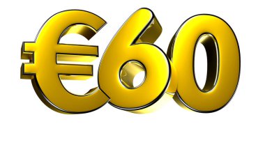 Beyaz arkaplandaki 60 Euro figürlü altın rengi 3D resimlerin çalışma yolu vardır. Reklam tabelaları. Ürün tasarımı. Ürün satışları.