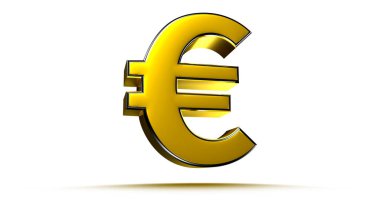 Beyaz arkaplandaki simge Euro figürü üç boyutlu altın resimlerin çalışma yolu vardır. Reklam tabelaları. Ürün tasarımı. Ürün satışları.
