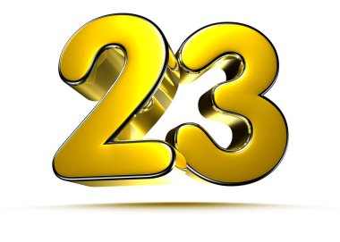 Beyaz arkaplandaki 23 altın 3D çizimin çalışma yolu var. Reklam tabelaları. Ürün tasarımı. Ürün satışları. Ürün kodu.