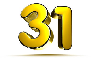 Beyaz arkaplandaki 31 altın 3D çizimin çalışma yolu var. Reklam tabelaları. Ürün tasarımı. Ürün satışları. Ürün kodu.