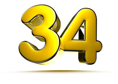 Beyaz arkaplandaki 34 altın 3D çizimin çalışma yolu var. Reklam tabelaları. Ürün tasarımı. Ürün satışları. Ürün kodu.