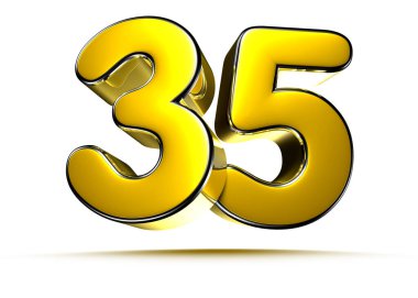 Beyaz arkaplandaki 35 altın 3D çizimin çalışma yolu var. Reklam tabelaları. Ürün tasarımı. Ürün satışları. Ürün kodu.