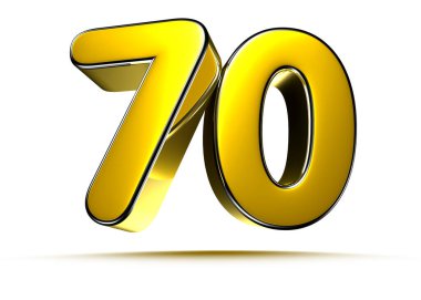 Beyaz arkaplandaki 70 altın 3D çizimin çalışma yolu var. Reklam tabelaları. Ürün tasarımı. Ürün satışları. Ürün kodu.