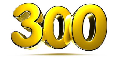 Beyaz arka planda 300 altın rengi üç boyutlu resimlerin çalışma yolu vardır. Reklam tabelaları. Ürün tasarımı. Ürün satışları. Ürün kodu.