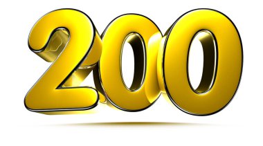 Beyaz arkaplandaki 200 altın 3D çizimin çalışma yolu var. Reklam tabelaları. Ürün tasarımı. Ürün satışları. Ürün kodu.