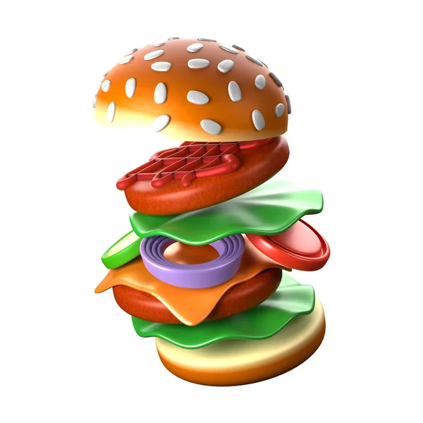 Pork burger 3D rendering on white background have work path.Pork burger in pieces.
