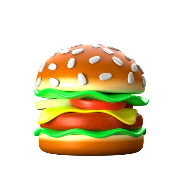 Pork burger 3D rendering on white background have work path.Cheeseburger Fast Food.