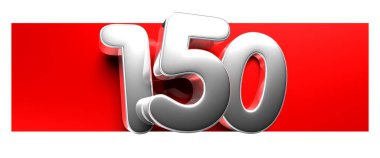 Beyaz arka planda kırmızı bir 3D resim kutusunun üzerindeki 150 numaralı beyaz numaranın çalışma yolu var. Reklam tabelaları. Ürün tasarımı. Ürün satışları.