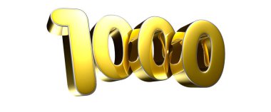 Beyaz arka planda 1000 numaralı karikatür tarzı altın renkli 3D resimlerin çalışma yolu vardır. Reklam tabelaları. Ürün tasarımı. Ürün satışları.