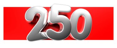 Beyaz arka planda kırmızı bir metin kutusu üzerinde 250 beyaz numara 3D illüstrasyon çalışma yoluna sahiptir. Reklam tabelaları. Ürün tasarımı. Ürün satışları.