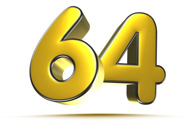 Beyaz arkaplandaki 64 altın 3D çizimin çalışma yolu var. Reklam tabelaları. Ürün tasarımı. Ürün satışları. Ürün kodu.