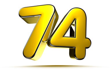 Beyaz arkaplandaki 74 altın 3D çizimin çalışma yolu var. Reklam tabelaları. Ürün tasarımı. Ürün satışları. Ürün kodu.