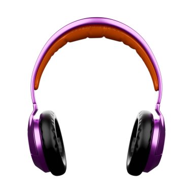 Beyaz arkaplandaki mor 3D kulaklıklar iş yoluna sahip.