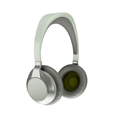 Beyaz arkaplandaki zeytin yeşili üç boyutlu kulaklıklar iş yoluna sahiptir.