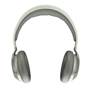 Beyaz arkaplandaki zeytin yeşili üç boyutlu kulaklıklar iş yoluna sahiptir.