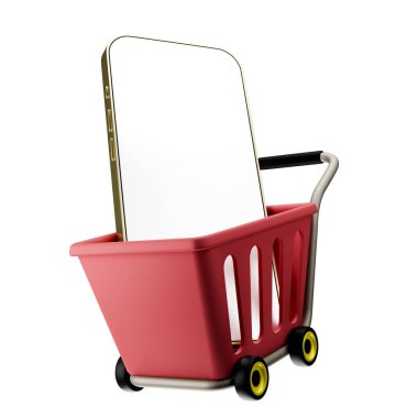 Beyaz arka planda 3D bir cep telefonu alın. Çalışma yolu olsun. Reklam tabelaları. Ürün tasarımı. Ürün satışları. Ürün kodu.