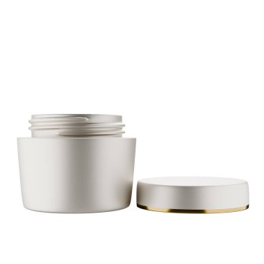 Yüz kremi kavanozu, kremsi beyaz, kavanozun kenarındaki altın kapak beyaz arka planda 3D renkte. Reklam tabelaları. Ürün tasarımı. Ürün satışları. Ürün kodu.