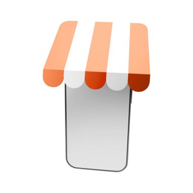 Beyaz arkaplandaki mobil mağaza 3D görüntüleme çalışma yoluna sahip. Reklam tabelaları. Ürün tasarımı. Ürün satışları. Ürün kodu.