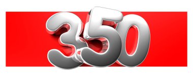 Beyaz arka plandaki 3D resimli kırmızı metin kutusunun üzerindeki 350 numaralı beyaz numaranın çalışma yolu var. Reklam tabelaları. Ürün tasarımı. Ürün satışları.