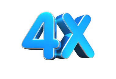 Beyaz arkaplandaki 4X mavi 3d illüstrasyon işaretinin çalışma yolu vardır. Reklam tabelaları, ürün tasarımı, ürün satışları, kumaş tasarımı, dijital baskı..