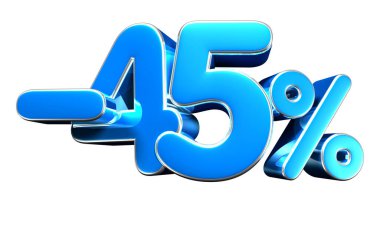 Beyaz arka plandaki yüzde 45 'lik mavi 3d illüstrasyon tabelaları işe yarıyor. Reklam tabelaları. Ürün tasarımı. Ürün satışları