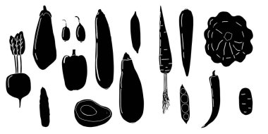 İzole edilmiş siyah sebzeler, düz dizayn., 