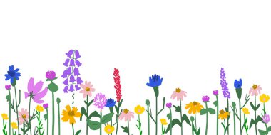 Bahar ve yaz düz çiçek arka plan vektörü. Yatay çiçek deseni. Mutlu Paskalyalar için botanik sanat baskısı, halk tarzı 