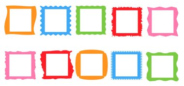 Karalamalı renkli çerçeveler ayarlandı. Sarkık kenarlar, retro deniz tarağı sarısı, pembe, yeşil, kırmızı çerçeveler, psikedelik kareler, harika şekiller. 