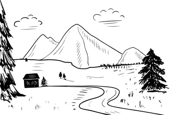 Dağlı, ağaçlı, yollu bir kara sapı. Macera turizmi ve seyahat skeci.