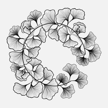 Gingko dallı çelenk, çizgi sanatı. Davetiye, kart, düğün kartı.