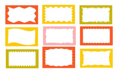 Karalamalar ayarlandı. Sarsılan kenarlar, retro deniztarağı çerçeveleri, saykodelik dikdörtgenler, fotoğraf çerçeveleri, harika şekiller. 