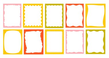 Karalamalar ayarlandı. Sarsılan kenarlar, retro deniztarağı çerçeveleri, saykodelik dikdörtgenler, fotoğraf çerçeveleri, harika şekiller. 