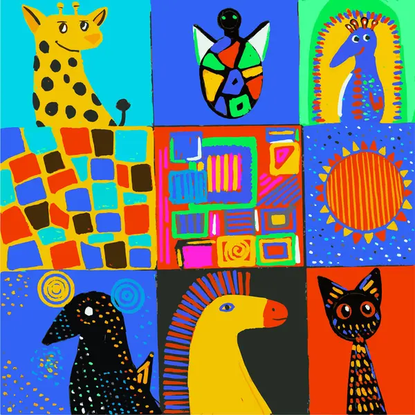 Parlak elementler, desen, kedi, at, kuş, zürafa, güneş mavi, kırmızı, sarı, yeşil renklerde izole edilmiş..