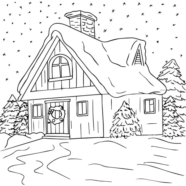 Kış manzaralı boyama sayfası, kar. Ağaçların yanındaki ev.