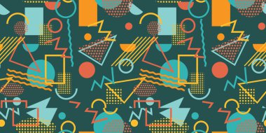 Basit geometrik şekilli, sarı, turuncu, yeşil, kırmızı renklerle Memphis 'in kusursuz deseni