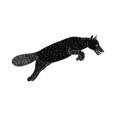 Linocut tilki, zıplayan hayvan, karalama