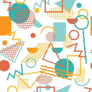 Basit geometrik şekilli, sarı, turuncu, yeşil, kırmızı renklerle Memphis 'in kusursuz deseni