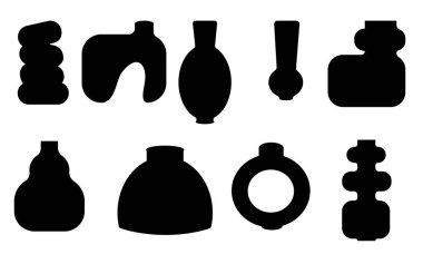 Çiçekler için vazo seti izole, düz tasarım, siyah içyapı nesnesi