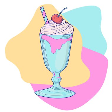 Retro tarzı, modaya uygun yemek çizimi, meşrubatlı cam, kuyruk kuyruğu, dondurma vektörü düz 