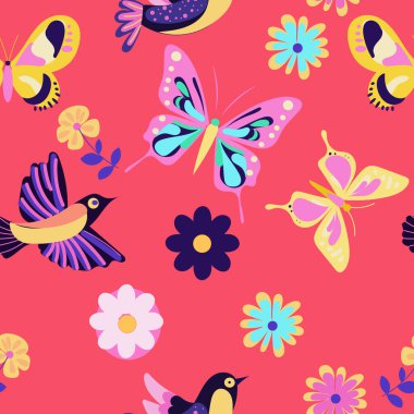 Kusursuz desenli harika elementler, kelebek, kuş ve çiçek, parlak yazdırma vektörü düz 