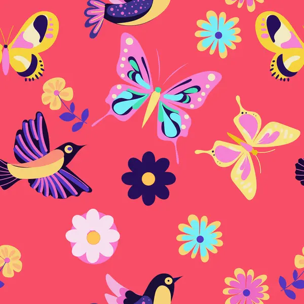 Kusursuz desenli harika elementler, kelebek, kuş ve çiçek, parlak yazdırma vektörü düz 